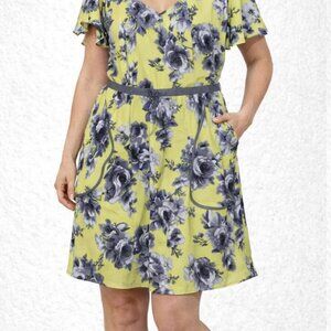 Gabby Skye Short Dress 4 Short Yellow Gray Floral Short  Sleeves Polyester